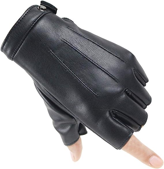 AVISTHA Fingerless Driving Gloves PU Faux Leather Outdoor Sport Black Half Finger Glove for Men Women (Color_Black)(Size_M)