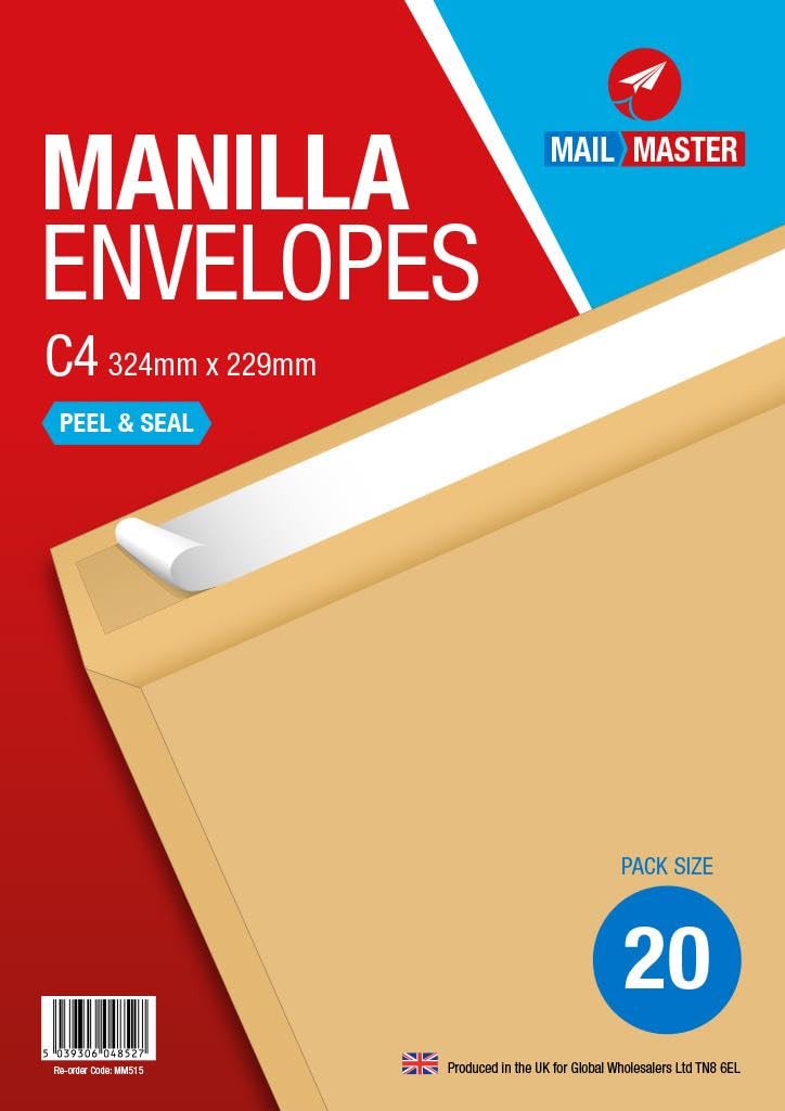 229 x 324mm C4 Manilla Envelopes, Peel & Seal No Window Manilla Kraft Paper, 80 GSM, C4 Envelopes for A4 Documents, Office Filing/Mailing (20)