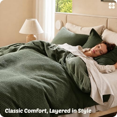 Image of Bedsure Cotton Duvet Cover King - 100% Cotton Waffle Weave Olive Green Duvet Cover King Size, PureWoven Breathable Bedding Set for All Season, 3 Pieces, 104 inchx90 inch