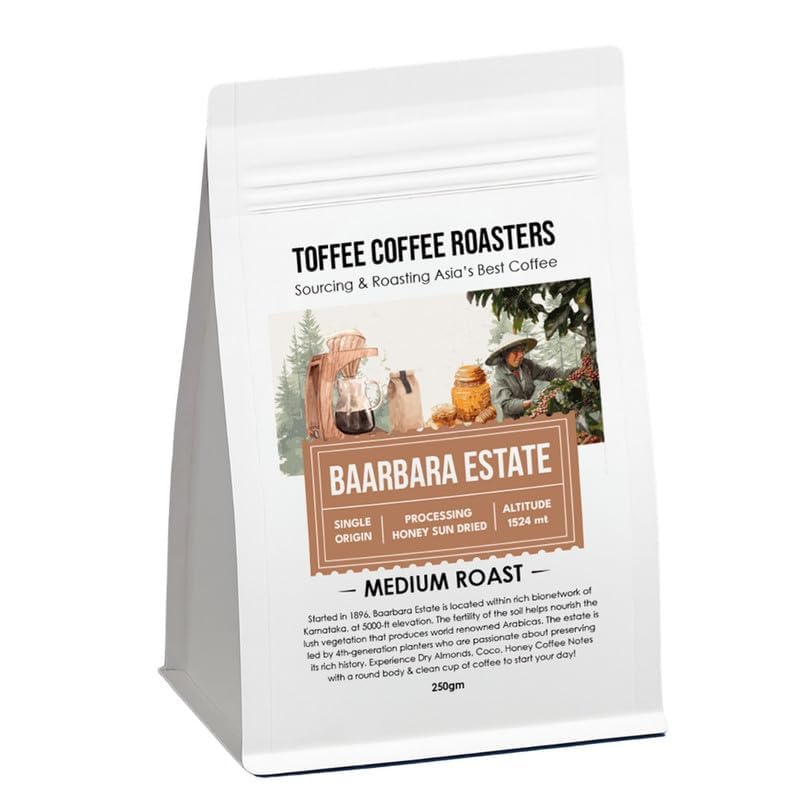 Image of Toffee Coffee Roasters | Baarbara Estate Coffee | Single Origin Arabica Light to Medium Roast, Notes: Dry Almond, Coco and Honey, Grind: Whole Beans, Freshly Roasted- 250 gms