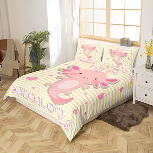 Axolotl Comforter Cover Gift For Girls Women Cartoon Axolotls Duvet Cover Double Size Room Decor Cute Fish Decor Bedding Set Kids Kawaii Animal Pet Reptile Geometric Stripes Quilt Cover Yellow - Image 3