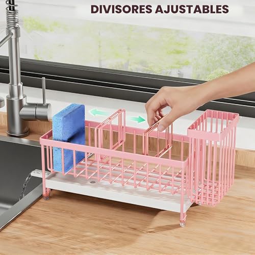 Miniatura 4 de Cisily Soporte De Esponja Rosa Para Fregadero De Cocina, Organizador De Fregadero Con Soporte Alto Para Cepillos, Encimera De Cocina, Acero Inoxidable 304, Dispensador De Jabón, Organizadores De