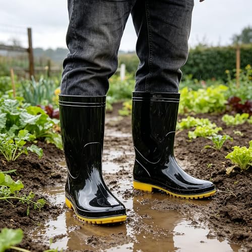 Image of DKSUKO Men's Mid-calf Rain Boots,Waterproof Antil-Slip PVC Garden Work Boots,Outdoor Rubber Boots
