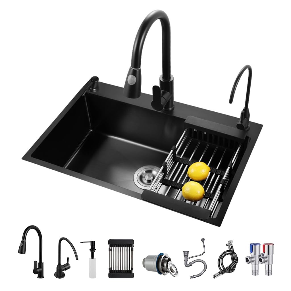 ARTLINE Schwarze Küchenspüle, Edelstahl-Einzelbeckenspüle, Drop In/Topmount Workstation Spüle mit Schiebezubehör, Bauernhaus-Arbeitsplatzspüle mit mehreren Zubehörteilen (60 x 45 cm)