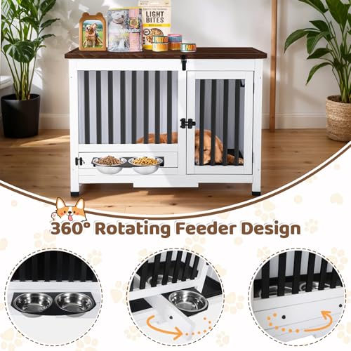 33.3 Inch Wooden Dog Crate Furniture - Multi-Functional Dog Crate Side Table with 360° Swivel Feeder for Small and Medium Dogs with Removable Tray, Easy to Assemble, Easy to Clean - Image 3