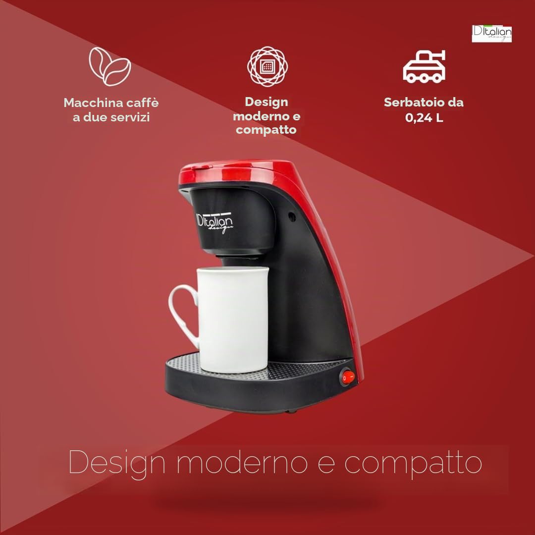 ID Italian Design – Mini macchina da caffè americano TOTAL COFFEE DUO PRO – Preparazione simultanea – Serbatoio 0,24 L – Design compatto – 450 W – Caffetiera 2 tazze (incluse)