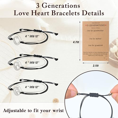 3 Generations Heart Bracelet Set,Grandmother Mother Daughter Bracelets Set Matching Jewelry,Mothers Day Gifts Christmas Jewelry Gift for Grandma Mom Daughter3
