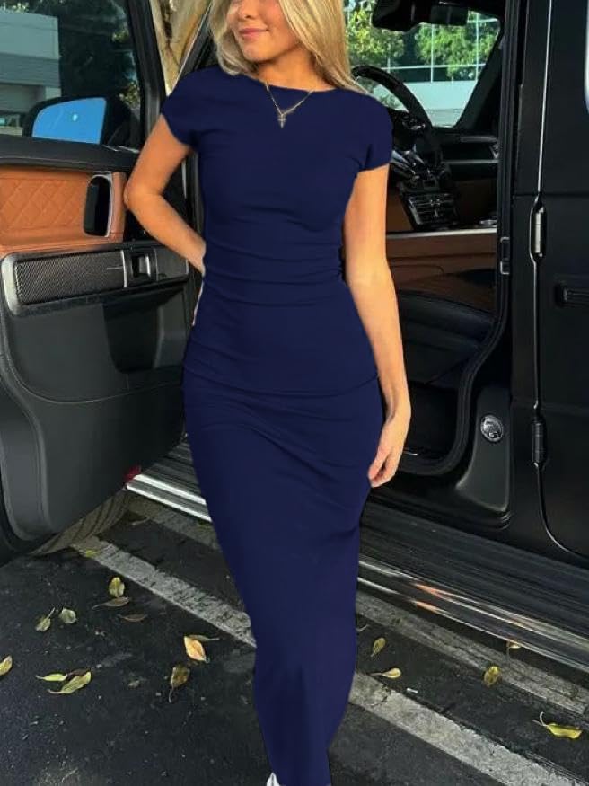 Image of AYWA Womens Sexy Backless Maxi Dress Casual Bodycon Boat Neck Short Sleeve Party Club Long Dresses