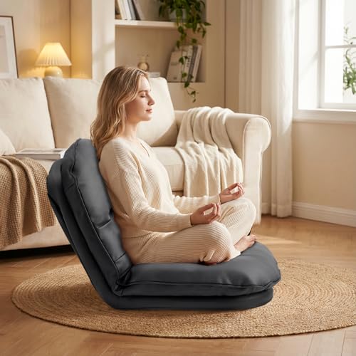DUMOS PU Leather Foldable Chairs for Bedroom, Comfy Saucer Chair, Dorm & Gaming, Foldable Fashion Floor Chair with Back Support for Small Spaces,Black by DUMOS - Image 7