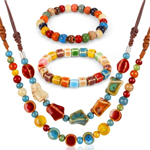 4 Pcs Boho Beaded Necklaces Bracelets for Women Bohemian Hippie Jewelry Ceramic Long Multicolor Chunky Beaded Necklace Vintage Bracelet Colorful Jewelry Gift for Women