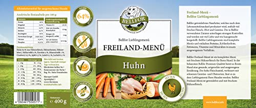 Bellfor Starter-Paket 2 x Freiland-Menu mit Huhn 2 x Heide-Menu mit Lamm und 2 x Landgut-Menu mit Insekten Getreidefrei Hundefutter Nass Ohne Soja und Zucker