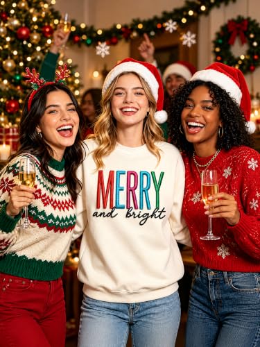 HOTHYPOP Christmas Sweatshirts For Women Crewneck Embroidered Tops Apricot - image 3