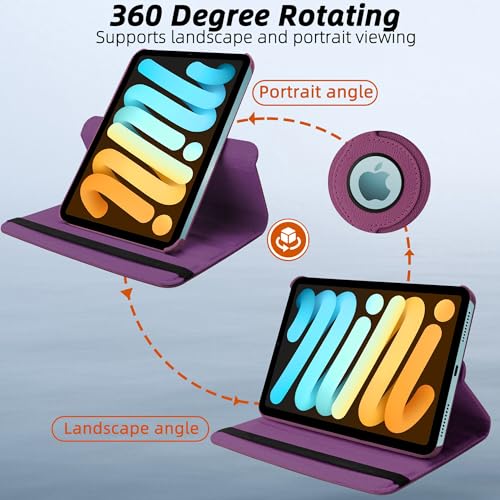 Image of TGK 360 Rotatable Smart Flip Cover for iPad mini 7 Case A17 Pro 2024, iPad mini 7th /6th Generation 8.3 inch (Purple)
