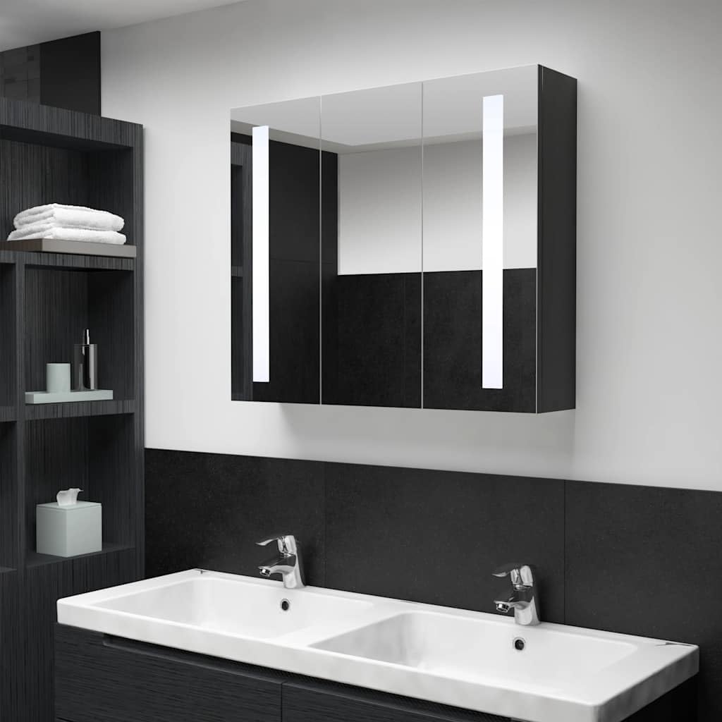 Armadio a specchio a LED antracite, 89 x 14 x 62 cm, specchio da bagno con illuminazione, 3 ante, 5 ripiani, montaggio a parete per bagno, cosmetici, cura