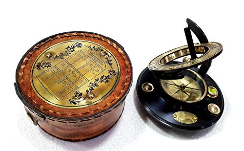 Brújula náutica antigua redonda de latón de 3" con grabado y caja de cuero marrón miniatura 4
