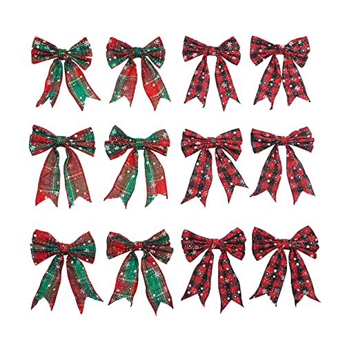 isilila 12 Pieces Christmas Bows Holiday DIY Decoration, Snowflake Buffalo Plaid Bow Xmas Hanging Bows, Wreaths Bows for Christmas Tree, Christmas Craft Supplies