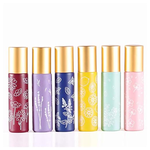 6 Pcs 10ml 1/3 Oz Glass Roll On Bottles,Empty Glass Roller Bottles With Stainless Steel Roller Balls,Golden Aluminum Lid-6 Printed Flower Style Travel Vial Container