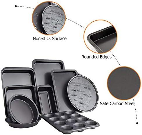 CASART 10-Piece Non-Stick Bakeware Set Include Cake Pan, Oven Tray, Loaf Tin and Roasting Pan, Carbon Steel Baking Equipment for Home Kitchen Shops