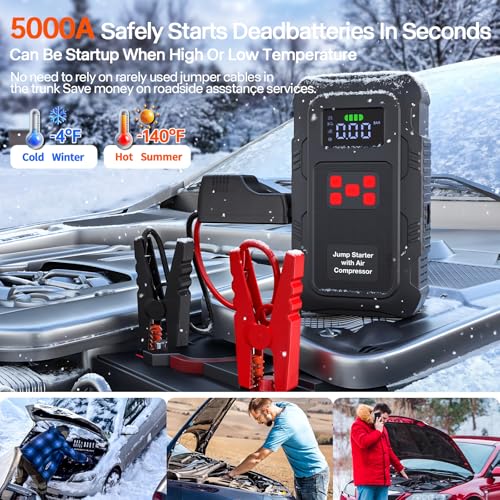 Image of 5000A Jump Starter with Air Compressor,A1 Car Jumper Starter with 150PSI Tire Inflator 12V Jump Box with LCD Display,Flashlight,Storage Case (Up 10L Gas /8L Diesel Engine