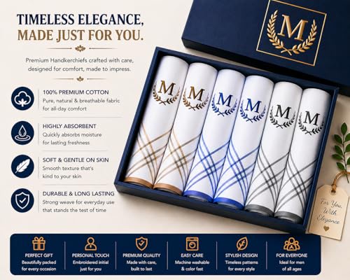 Image of ANTONIA Men's Initial Alphabet Handkerchiefs | Premium Cotton Personalized Hankies with Letter Embroidery (A-Z) | Soft, Absorbent & Reusable | Formal, Wedding & Gift Use | Pack of 6