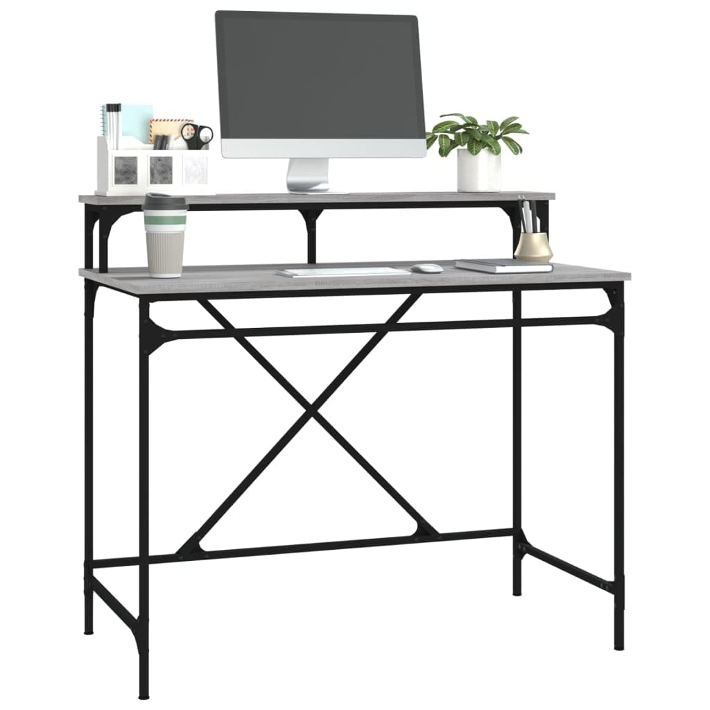 Schreibtisch Grau Sonoma 100x50x90 cm aus Holzwerkstoff und Eisen, Computer Arbeit Laptop PC Tisch mit Ablage, Bürotisch für Homeoffice, Lernen, Zocken und Ordnung