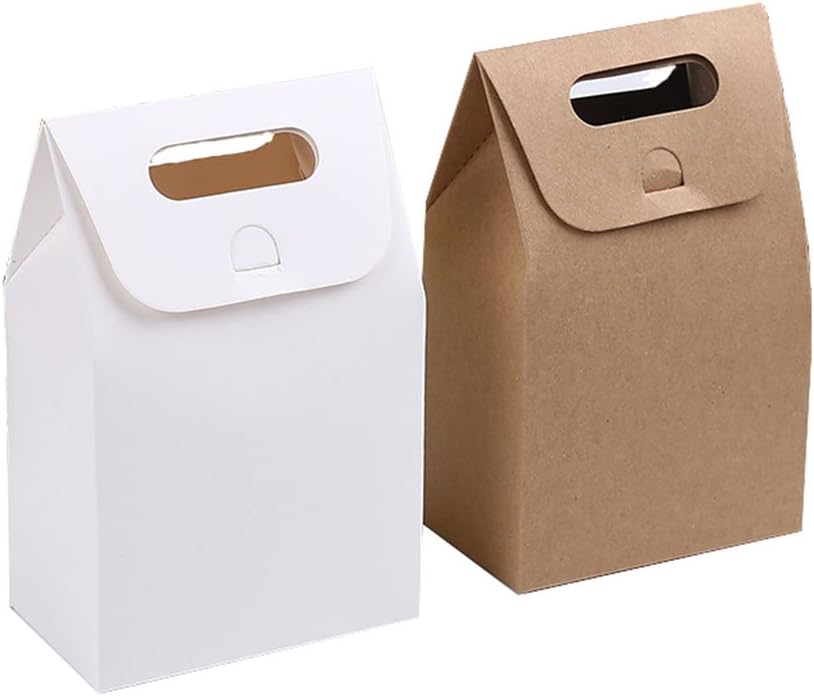 10 Pcs Portable Kraft Paper Bags Stand Up Bags Square Box Bags Food Bags for Cakes, Candies, Breads, Coffee, Tea Color White and Brown Mother's Day (Brown)