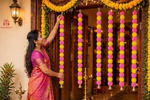 Image of iHandikart Multi Marigold Flower Hanging for Door Decoration |Pack of 5, 30 Inch | Artificial Fluffy Flower with Bell for Home Decor, Ideal for Diwali Decoration, Wedding, Festive Wall Hanging itmes.