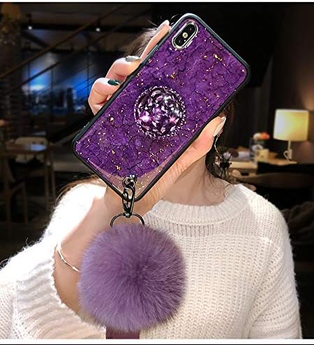 Airbag Kickstand Case, Plush Ball Wristband Cover, Bling Diamond Airbag Stand Holder Plush Ball Strap Glitter Marble Gel Case Cover for Samsung Galaxy S9 Plus (Purple, for Samsung Galaxy S9 Plus)