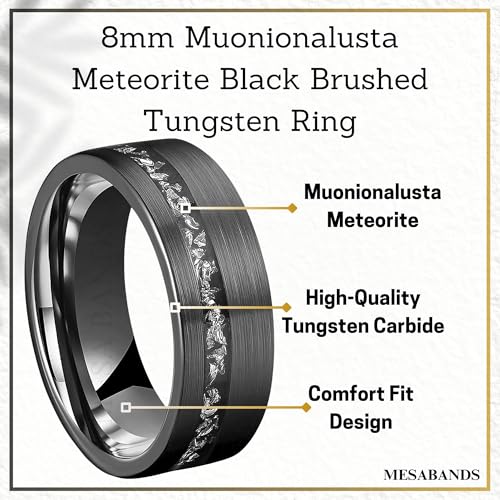 Custom Engraved Men's Wedding Ring Black Brushed Tungsten Meteorite Inlay, Personalized Wooden Ring Box - 8mm Comfort Fit2
