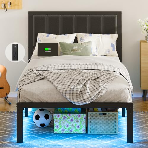 Image of OLEVS Twin Bed Frame with Headboard, Smart LED & Charging Station | Metal Platform Bed Twin Size with LED Light, USB Charging & Upholstered Headboard for Kid, Boys, No Box Spring Needed, Black