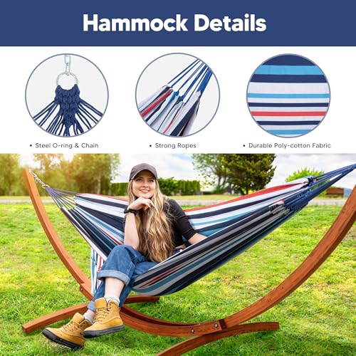 Image of SUNCREAT Portable Hammock with 10 ft Wooden Stand, Blue Stripes