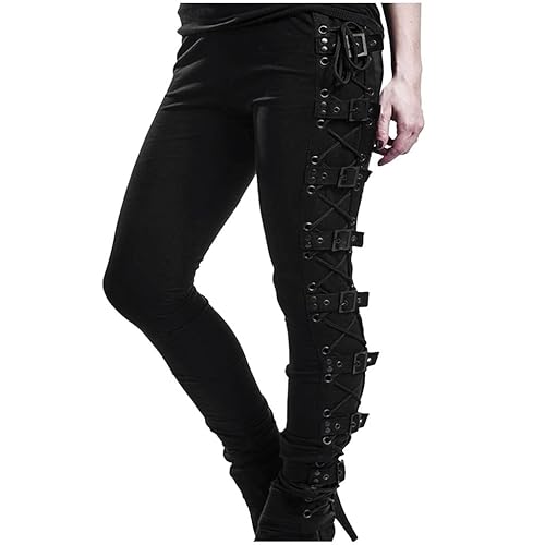MEOILCE Plus Size Womens Casual Pants Gothic Criss Cross Lace Up Buckle Strap Skinny Leggings Steampunk Trousers for Ladies - Black Medium