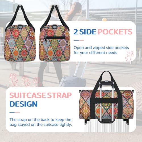 Bohemian Mandala Sports Duffle Bag for Women Men Waterproof Overnight Weekender Bag with Adjustable Strap Travel Tote Bags for Beach Yoga Work Dance Swim4