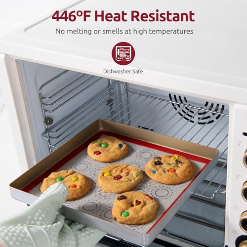 Image of 446ºF Heat Resistant Macaron Mat: U-Taste 11x11in Non Stick Silicone Baking Mat, Reusable Cookies Pastry Sheet Liner with Edge Enhancement & Circle Measurement for Square Cake Pan (2 PCS, Red)