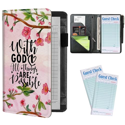 Server Books Plus 2 Pack Guest Checks Pads for Waitress Waiter, Pink Flower Server Booklet Waitstaff Organizer with Zipper Pocket Guest Check Presenters Server Wallet Money Holder (5