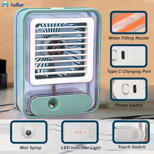 Image of FunBlast Portable Mist Spray Fan - USB Rechargeable Mini Desk Fan with 3 Speed Settings, Water Spray & LED Night Light, Compact Cooling Table Fan for Travel, Office & Home Use (Green)