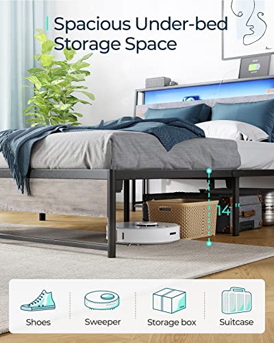Linsy Living Queen Bed Frame With Headboard, Fast Assembly Metal Industrial Bed Frame With Lights & Charging, 14 Inch Bed Frame Queen Size With Storage, No Box Spring Needed, Greige #TOP5