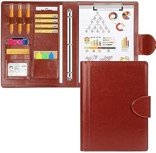 Toplive Portfolio 3 Ring Binder Padfolio Folder, Business Interview Resume Portfolio for Women Men A4/Letter Size Document Organizer with Clipboard Receipt Sleeve Card Holder, Brown