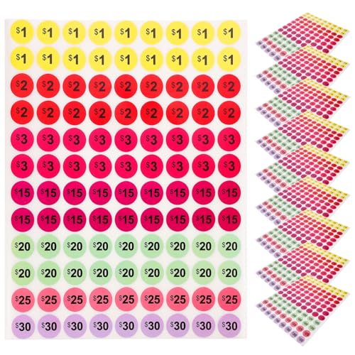 VILLCASE 1080pcs Garage Sale Stickers, 0.78 Round Bright Colors Label Stickers Market Pricing Stickers, Pre-Printed Pri-ce Stickers for Yard Sale, County Fairs
