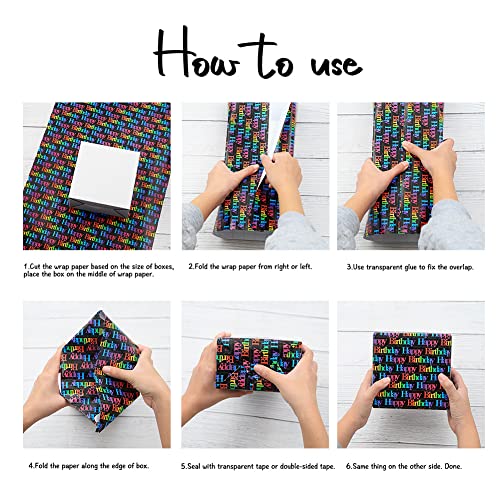 Happy Birthday Wrapping Paper For Kids Girls Boys Women Men, Gradient Color Gift Wrap Paper With Cut Lines On Reverse, Wrapping Paper Birthday 6 Sheets Folded Flat 20X28 Inches Per Sheet #TOP6