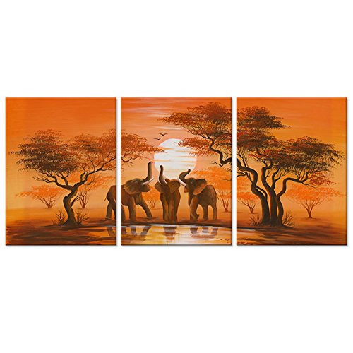Ihappywall Vintage African Elephant Canvas Wall Art African Forest Sunset Elephant Family Around Lake Landscape Painting Print On Canvas Framed And Stretched For Living Room Home Decor (12"X16"X3Pcs) #TOP9