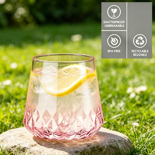 Image of Lueumxc 40 Pack Pink Plastic Wine Glasses, 14Oz Rhombus Disposable Wine Glasses Unbreakable Clear Plastic Cocktail Glasses Recyclable Shatterproof Reusable Wine Cups