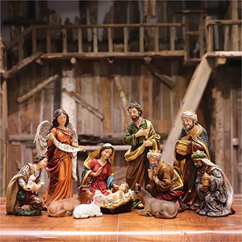 Zayton Nativity Set Christmas Indoor Scene Set 12.5 Inch 11 Pcs Figurines Holy Family Fireplace Statue Jesus Manger Christmas Crib Ornament Church Xmas Gift Home Decoration