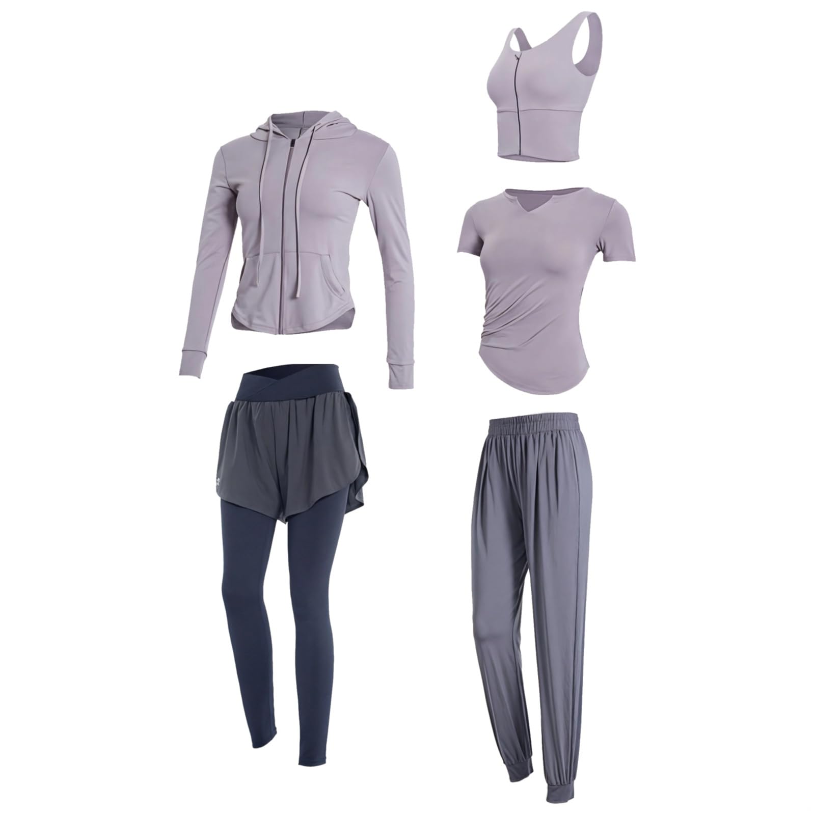 Xxl - Ropa de yoga y gimnasio para mujer, incluye pantalones cortos, sudadera, camiseta, brasier deportivo, leggings, se adapta de 135 a 150, tela transpirable, Gris púrpura., Talla única