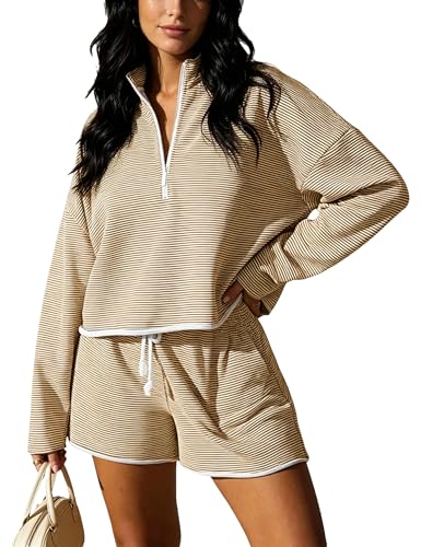 Image of Bozanly Two Piece Outfits for Women Trendy Long Sleeve Tops Shorts Set