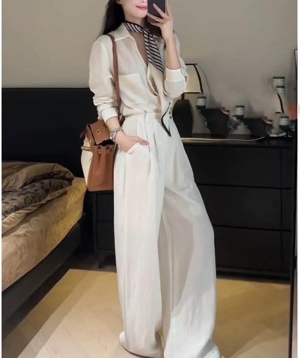 Women Linen Shirt Set Summer Blouse Wide Leg Pants Casual Outfit