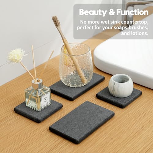 Image of 4PCS Water Absorbing Sponge Holder Diatomite Stone Sink Tray Mat, Quick Drying Kitchen & Bathroom Counter Tray Vanity Caddy, Diatomaceous Earth Dish Soap Dispenser Organizer, Dark Gray