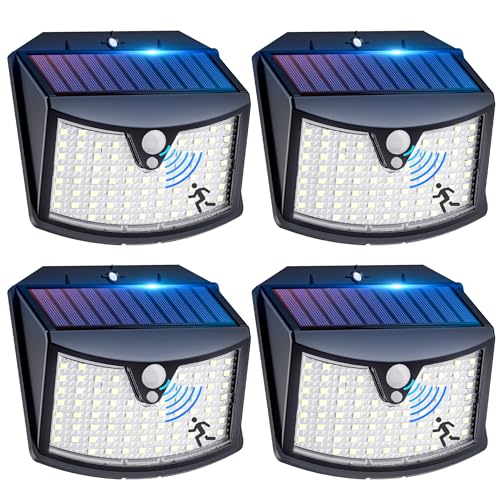 Faretto Led da Esterno Solare【4 Pezzi】, 3 Modos Luci Solari da Giardino con Sensore di Movimento, IP65 Impermeabile Lampade Solari a Led da Esterno per Giardino, Parete, Garage, Davanti alla Porta