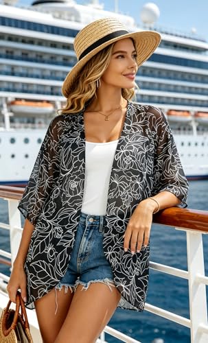 Image of FINOCEANS Womens Floral Chiffon Kimono Cardigans Loose Beach Cover Up Half Sleeve Tops
