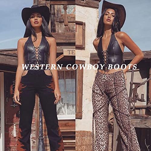 Aminugal Womens Embroidered Western Cowboy Boots Pointed Toe Pull On Wild Calf Chunky Heel Retro Classic Cowgirl Mid Calf Boots For Women #TOP7